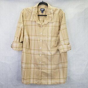 Lands End Button Up Camp Shirt Women 2X 20-22 Brown Plaid Cotton Roll Tab Cabin